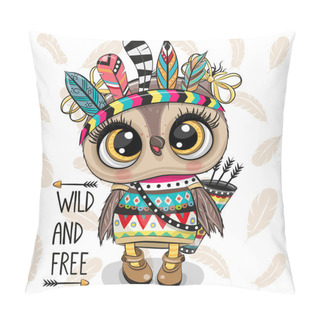 Personality  Cartoon Tribal Owl With Feathers On A White Background Pillow Covers