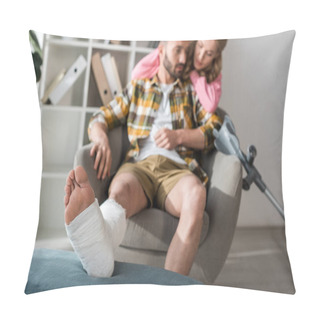 Personality  Selective Focus Of Injured And Bearded Man Sitting Near Caring Girlfriend  Pillow Covers