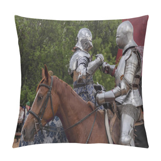 Personality  Knight's Greeting. Two Knights In Steel Armor And On Horses Greet Each Other With A Blow Of Iron Gloves. Knights In Vintage Armor Of The 15th Century A Horses. Pillow Covers