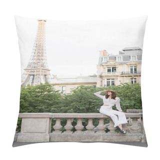 Personality  Stylish Woman Holding Sun Hat On Street With Eiffel Tower At Background In Paris  Pillow Covers