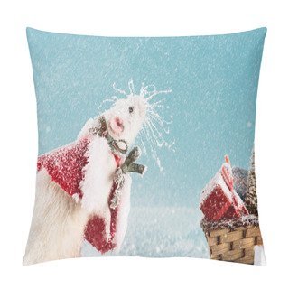 Personality  Rat In Costume And Wicker Sled With Christmas Tree And Gift Boxes In New Year  Pillow Covers