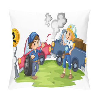 Personality  A Male And A Female Mechanic Fixing The Damaged Cars Pillow Covers