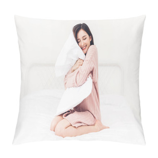 Personality  Beautiful Woman Smiling To Camera And Relaxing With Pillow On The Bed In Her Room At Home Pillow Covers