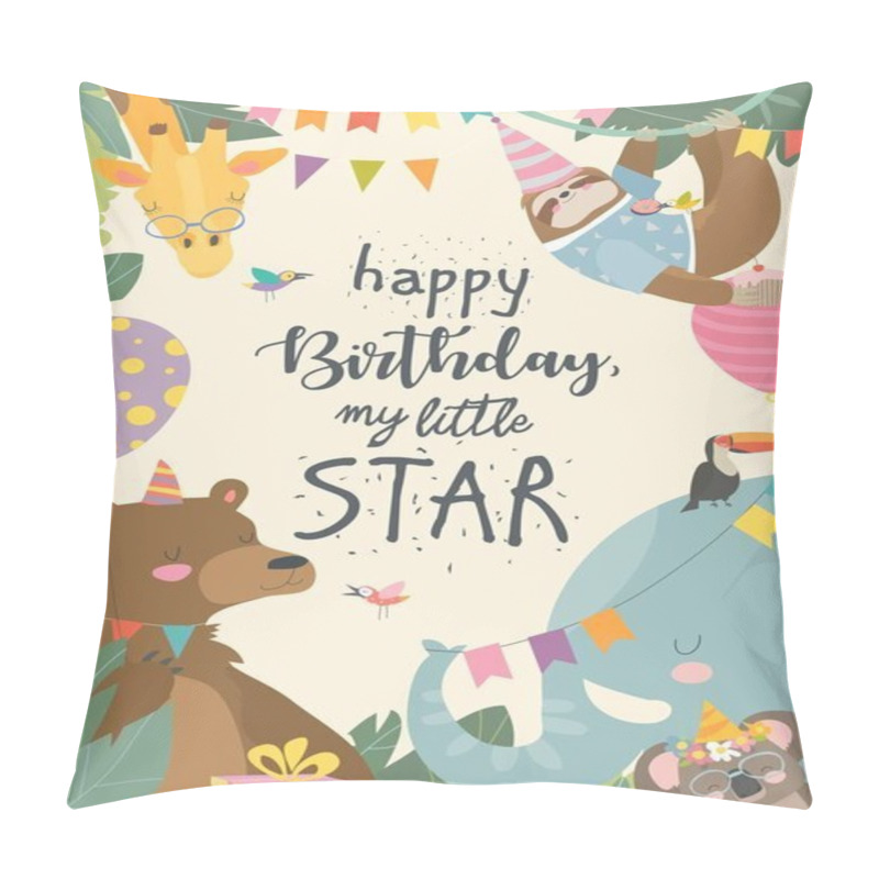 Personality  Vector frame with cute animals celebrating Birthday pillow covers