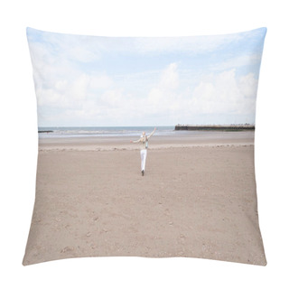 Personality  Tiny Woman Runs Open Arms Along The Beach To The Sea Pillow Covers