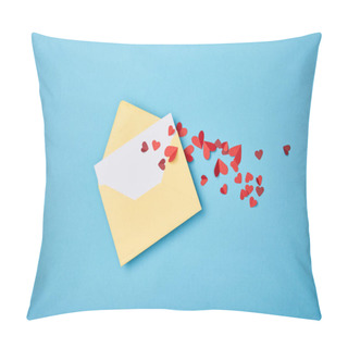 Personality  Yellow Envelope With Blank White Card And Paper Cut Hearts On Blue Background Pillow Covers