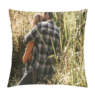 Personality  Back View Of Man In Plaid Shirt Embracing Girlfriend In Thicket Of Sedge  Pillow Covers