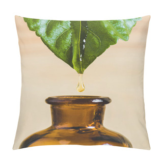 Personality  Essential Oil Dripping From Leaf Into Glass Bottle Isolated On Beige Pillow Covers