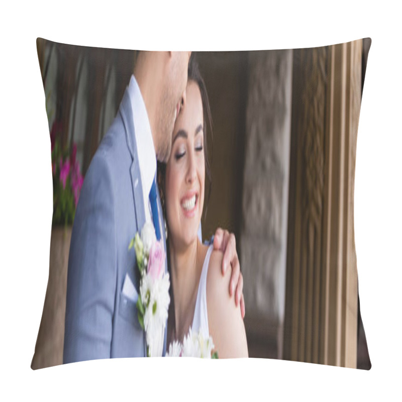 Personality  Cheerful groom hugging bride with closed eyes outdoors, banner  pillow covers