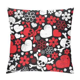 Personality  Red Skulls In Flowers And Hearts On Black Background - Seamless Pattern Pillow Covers