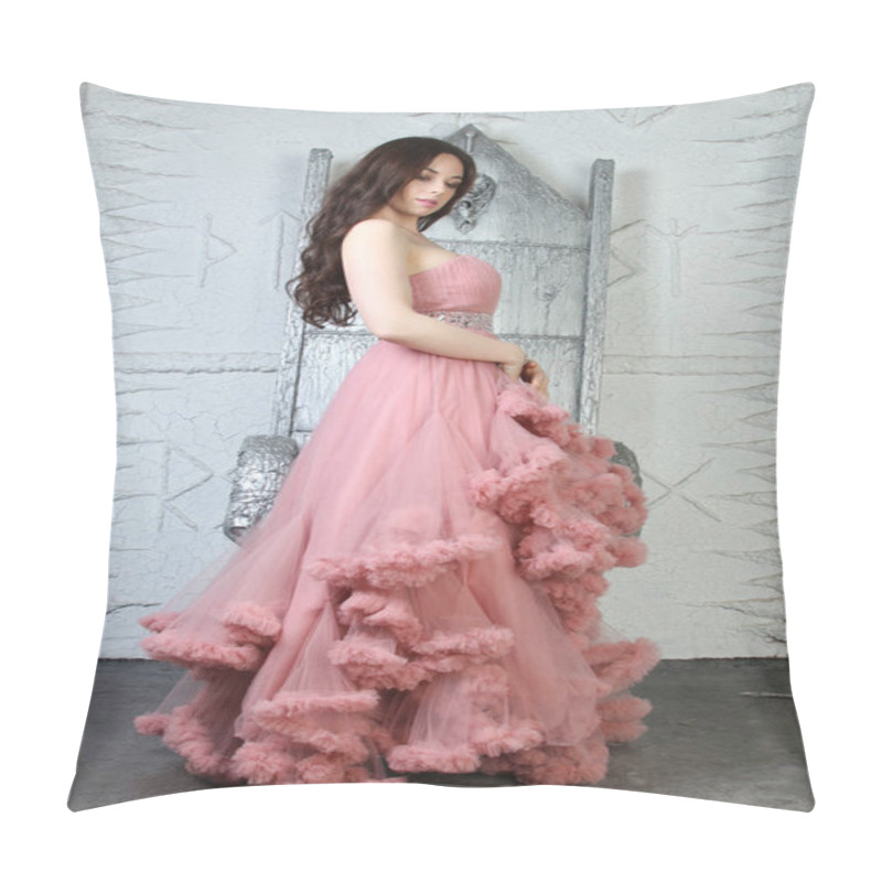 Personality  Portrait of fashionable young beauty girl in big long evening pink dress pillow covers