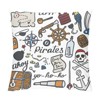 Personality  Pirate Set, Sea And Treasures. Hand-drawn Cartoon Collection. Doodle Drawing. Pillow Covers
