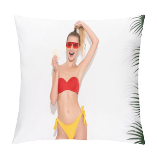 Personality  Excited Woman In Swimwear And Sunglasses Touching Hair While Holding Ice Cream On White Pillow Covers