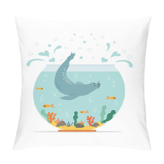 Personality  Marine Underwater Lifestyle. Aquarium With Swimming Gold Exotic Fish And Fur Seal, Sea Bear. Underwater Aquarium Habitat With Sea Plants. Flat Vector Drawn Illustration, Isolated Objects. Pillow Covers