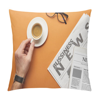 Personality  Cropped View Of Man Holding Cup With Coffee Near Glasses And Business Newspaper On Orange  Pillow Covers