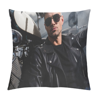 Personality  Handsome Classic Guy In Sunglasses Sitting By Motorcycle In Garage Pillow Covers