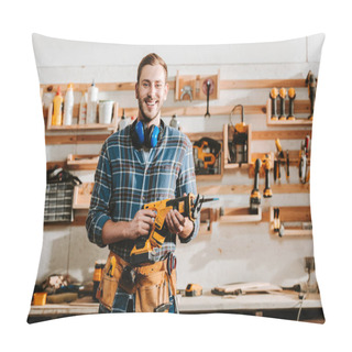 Personality  Happy Bearded Carpenter Holding Hammer Drill In Workshop  Pillow Covers