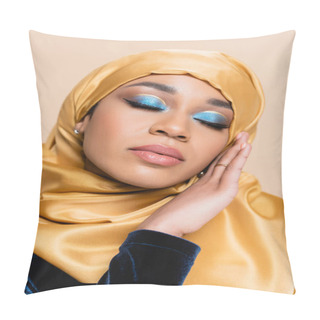 Personality  Muslim Woman In Hijab With Bright Blue Eye Makeup And Closed Eyes Isolated On Beige Pillow Covers