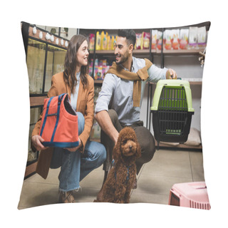 Personality  Smiling Multiethnic Couple Holding Bag And Cage Near Poodle In Pet Shop Pillow Covers