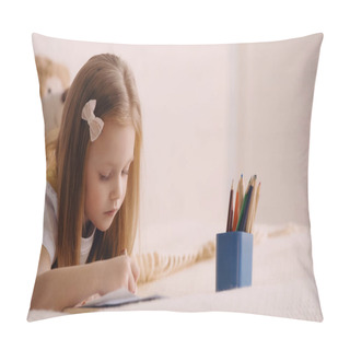 Personality  Preschooler Kid Drawing On Paper On Bed At Home  Pillow Covers