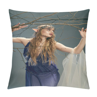 Personality  A Young Woman In A Blue Dress Graciously Holding A Tree Branch, Embodying The Essence Of A Fairy Princess In A Mystical Setting. Pillow Covers