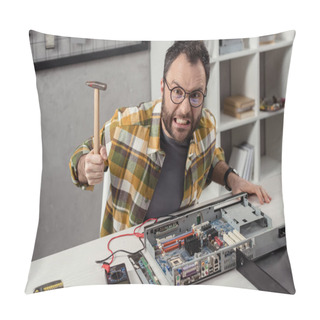 Personality  Angry Repairman With Hammer In Hand Against Broken Pc  Pillow Covers