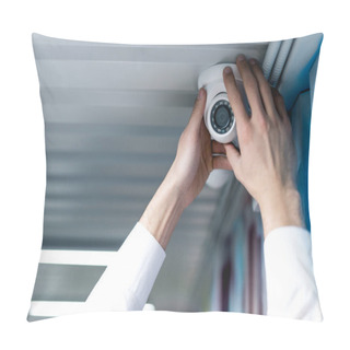 Personality  Partial View Of Man Setting Up Security Camera Pillow Covers