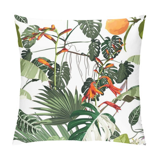 Personality  Tropical Beautiful Flowers Pretty Pattern. Seamless Cute Orange Flowers And Tropical Palm Leaves Background. Use For Textile, Dress, Wallpaper, Home Design. Pillow Covers
