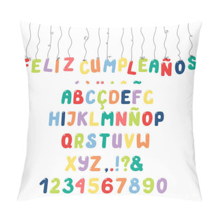 Personality  Hand Drawn Cute Roman Alphabet With Numbers And Punctuation Marks With Diacritics For Spanish And Italian, Vector, Illustration Pillow Covers