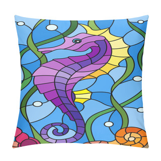 Personality  Illustration In Stained Glass Style With A  Fish Seahors Pillow Covers