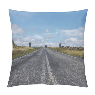 Personality  Road With Car In Highlands Under Blue Cloudy Sky In Iceland  Pillow Covers