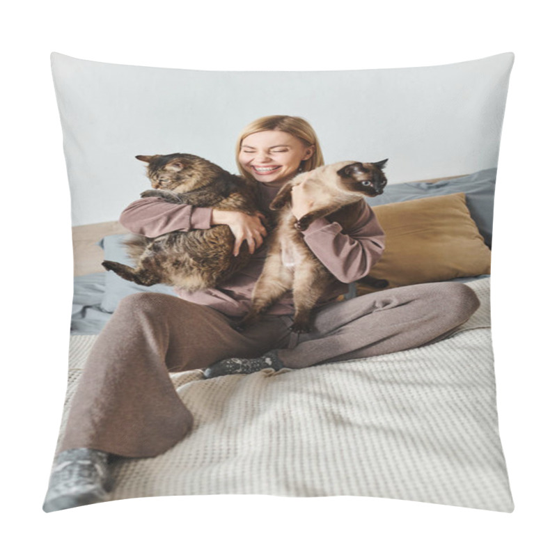 Personality  A Serene Woman With Short Hair Sits On A Bed, Holding Two Cats Close To Her, Enjoying A Peaceful Moment At Home. Pillow Covers