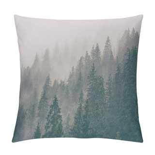 Personality  Misty Landscape With Fir Forest, Scenic View Of Treetops In Clouds, Natural Background Pillow Covers