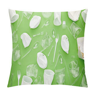 Personality  Top View Of Crumpled Plastic Cups, Forks, Plates And Cardboard Container On Green Background Pillow Covers