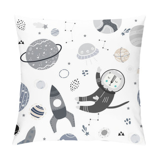Personality  Seamless Childish Pattern With Animal In The Space, Planets And Comets. Design For Fabric, Wrapping, Textile, Wallpaper, Apparel. Vector Illustration. Pillow Covers