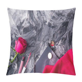 Personality  Stylish Cosmetic Set With Pink Rose On Dynamic Abstract Painting. Fluid Art Background. Pillow Covers