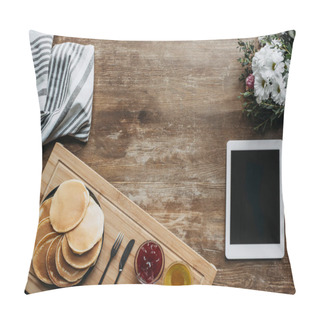 Personality  Top View Of Breakfast With Pancakes And Digital Tablet On Wooden Table Pillow Covers