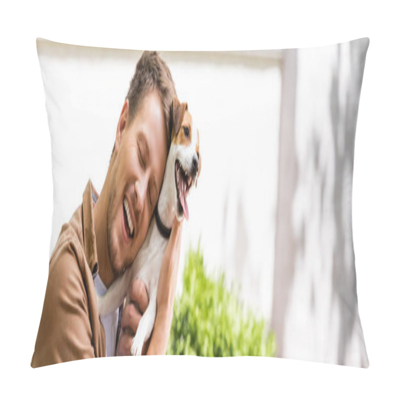 Personality  panoramic concept of man with closed eyes cuddling jack russell terrier dog  pillow covers