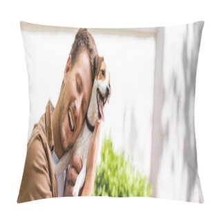 Personality  Panoramic Concept Of Man With Closed Eyes Cuddling Jack Russell Terrier Dog  Pillow Covers