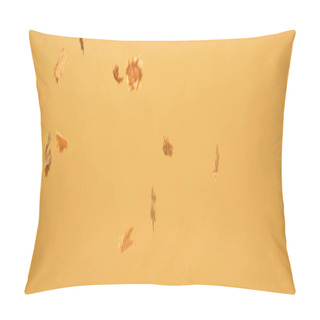 Personality  Panoramic Shot Of Golden Maple Leaves Falling Down Isolated On Yellow Pillow Covers