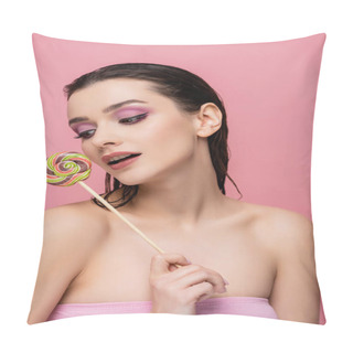 Personality  Young Woman With Bare Shoulders Holding Lollipop Isolated On Pink  Pillow Covers