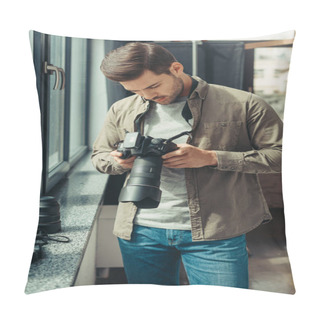Personality  Professional Photographer With Digital Camera Pillow Covers