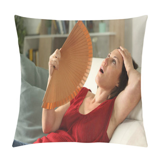 Personality  Adult Woman Fanning Suffering Heat Stroke Sitting In The Livingroom At Home Pillow Covers