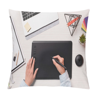 Personality  Office Desk With Cropped Peson Using Graphics Tablet And Pen, Flat Lay Pillow Covers