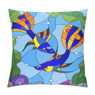 Personality  Illustration In Stained Glass Style With A Pair Of Guppies On The Background Of Water And Algae Pillow Covers