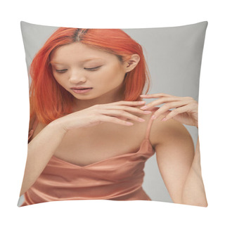 Personality  Portrait Of Elegant Young Asian Woman With Perfect Skin Looking Down On Grey Background, Gentle Pillow Covers