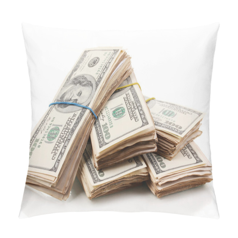 Personality  Stacks Of One Hundred Dollars Banknotes Close-up Isolated On White Pillow Covers