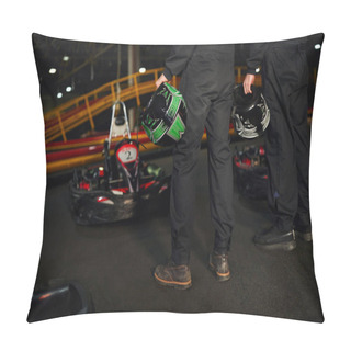 Personality  Cropped View Of Two Kart Racers Standing Near Racing Cars And Holding Helmets, Go-kart Drivers Pillow Covers