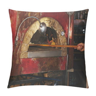 Personality  Cropped Shot Of Chef Putting Pizza Into Masonry Oven At Restaurant Kitchen Pillow Covers