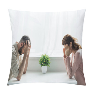 Personality  Upset Man And Woman Sitting At Home After Quarrel  Pillow Covers